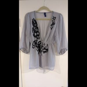 NWOT MYK Grey Sheer Chiffon Beaded Deep V Neck Tunic Top Blouse - M